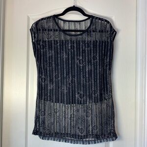 Sheer Black & Silver Metallic Circle Stripe Party Top – Festive Mesh Blouse M